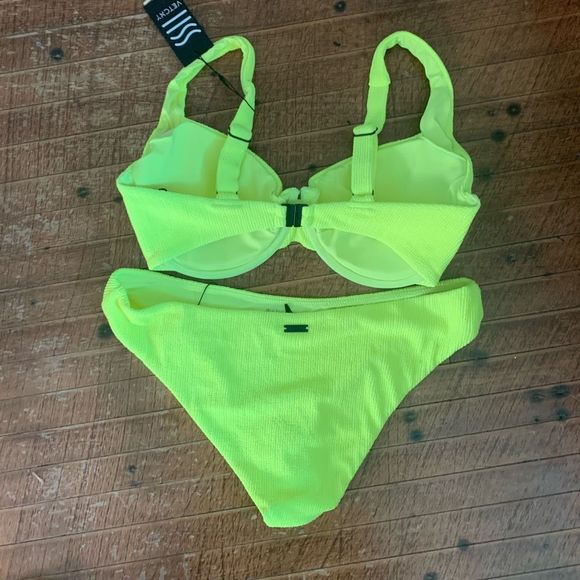 Vetchy Laguna neon yellow crinkle M top S bottom bikini set - Picture 5 of 5
